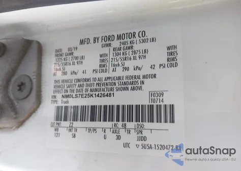 2019 Ford Transit Connect Xl z USA, uszkodzony, nr VIN NM0LS7E25K1426481